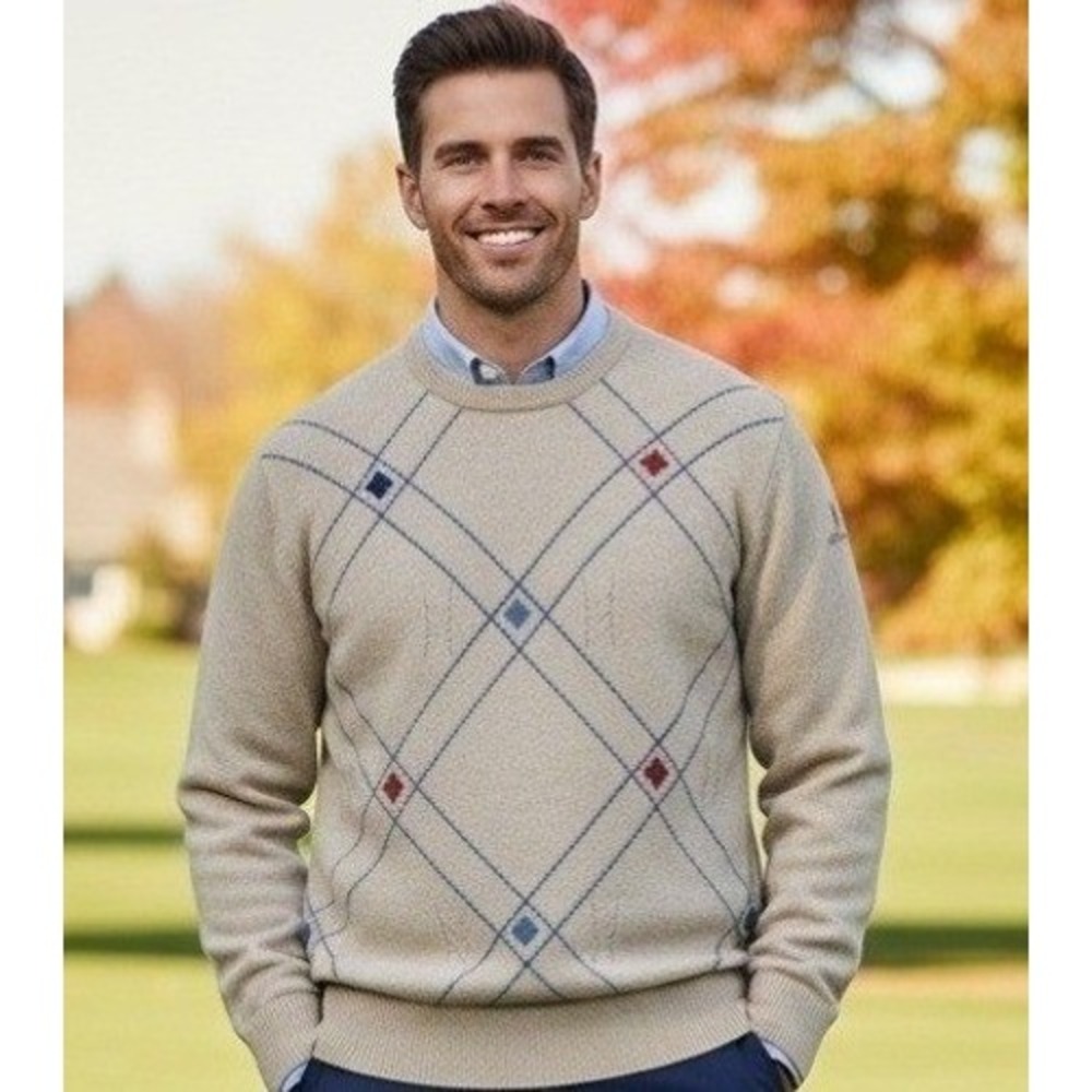 Lyle & Scott Wool Argyle Sweater Men's Small Beige Embroidered Logo Pullover